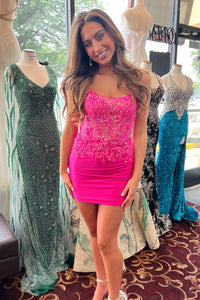 Hot Pink Sequin-Embroidered Lace-Up Sheath Satin Homecoming Dress