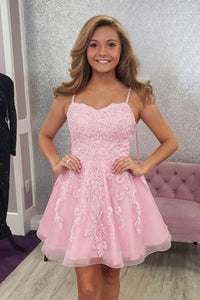 Pink A-line Appliques Straps Tulle Homecoming Dress