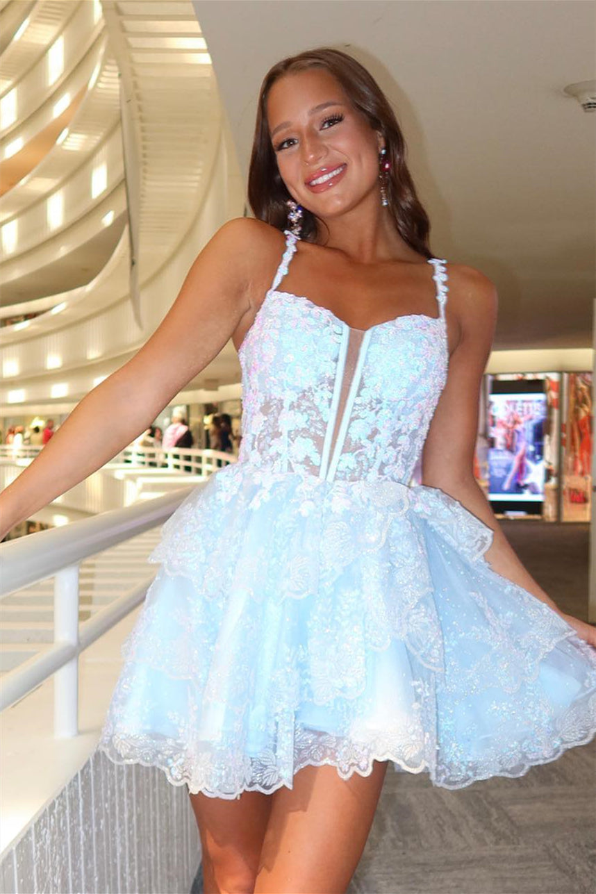 Light Blue A-line Sequined Appliques Multi-Layers Homecoming Dress