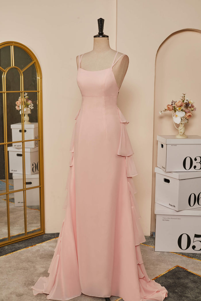 Pink Lace-Up Mermaid Layers Long Prom Dress