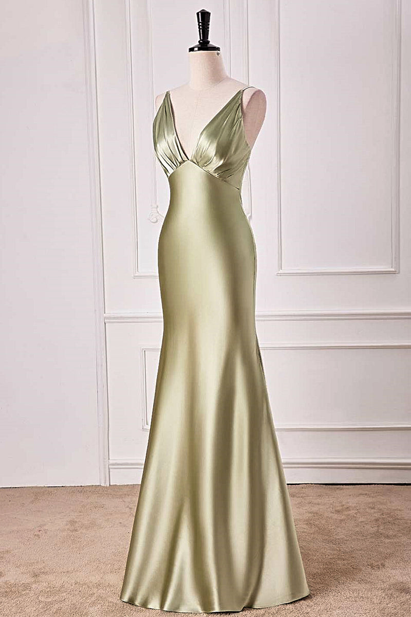 Dusty Sage Plunging V Neck Mermaid Satin Long Prom Dress