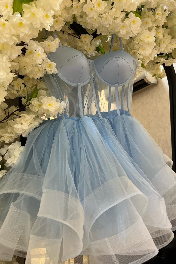 Light Blue A-line Illusion Tulle Homecoming Dress