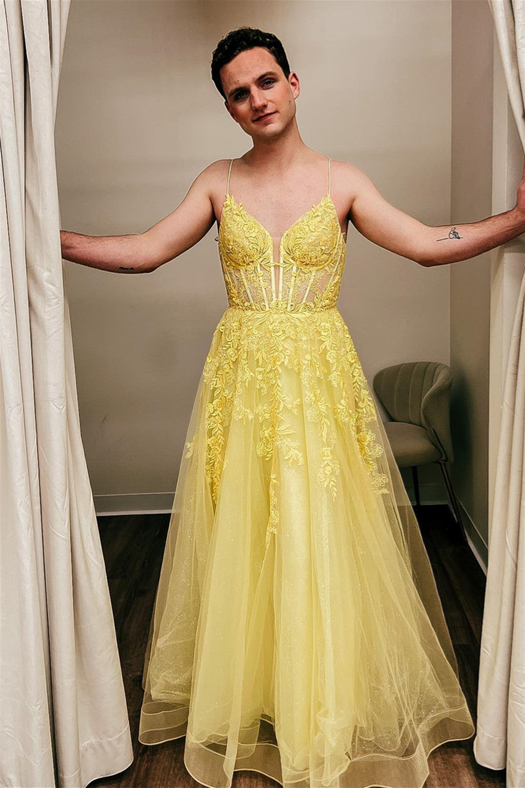 Yellow Floral Spaghetti Straps A-line Long Prom Dress