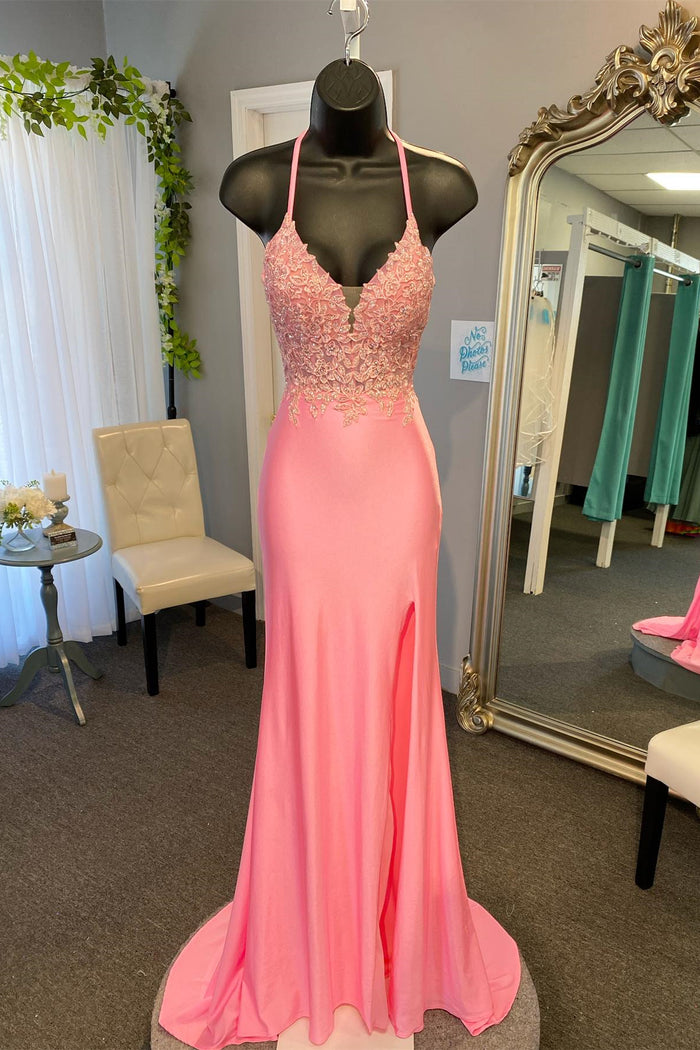 Coral Straps Appliques Plunging V Neck Mermaid Long Prom Dress with Slit