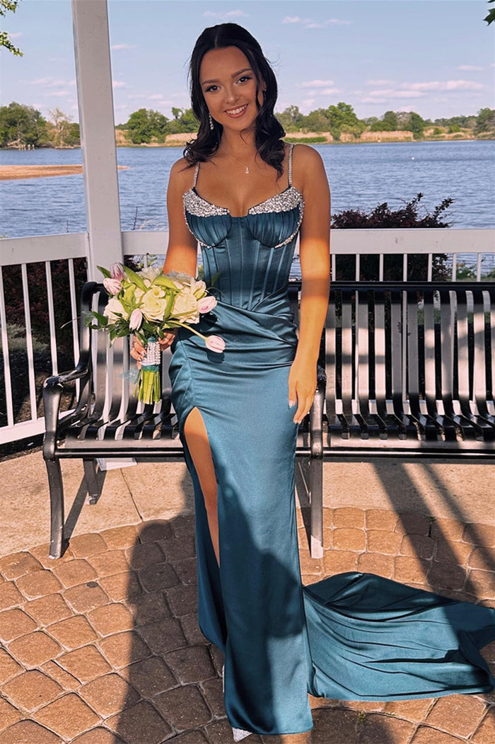 Ink Blue Beaded Mermaid Straps Satin Long Prom Dress with Slit