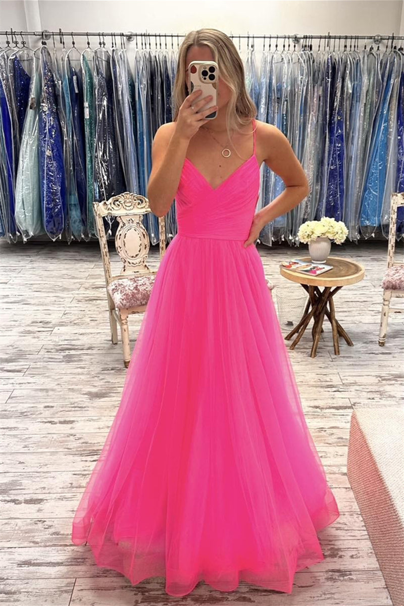 Pink Deep V Neck Straps A-line Tulle Long Prom Dress