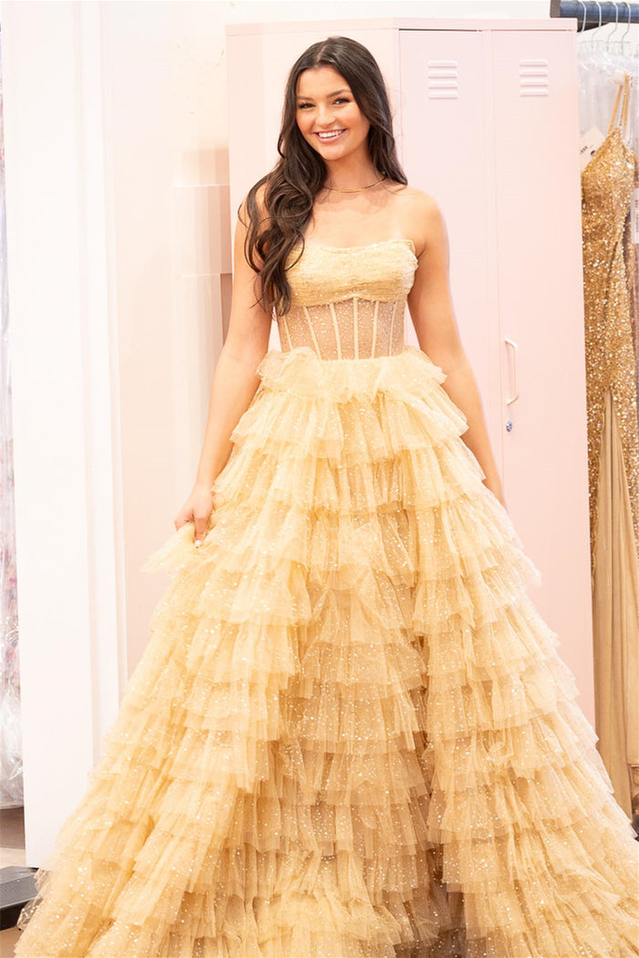 Light Yellow Strapless A-line Multi-Layers Long Prom Dress