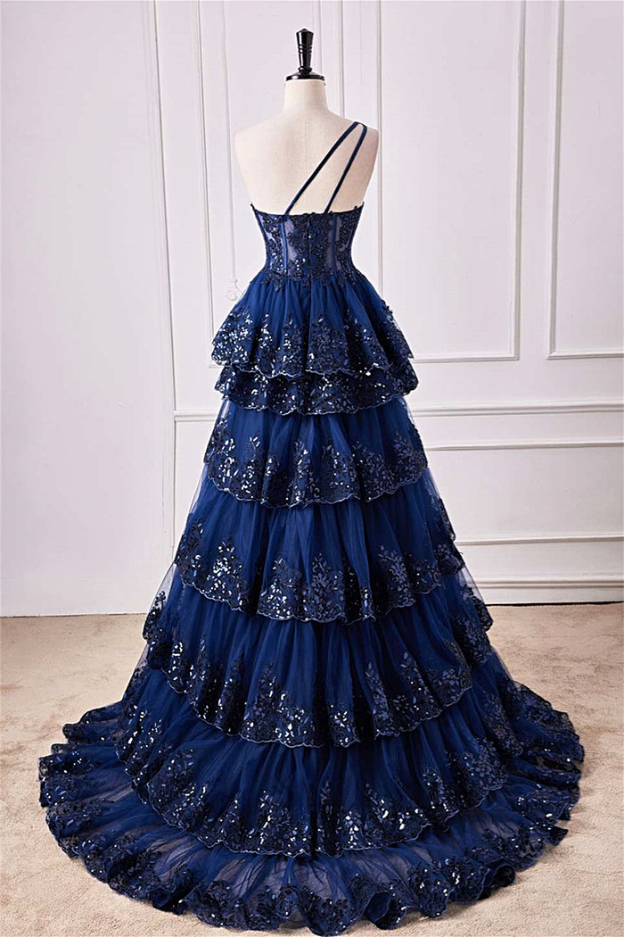 Dark Navy One Shoulder Floral Layers A-line Long Prom Dress with Slit