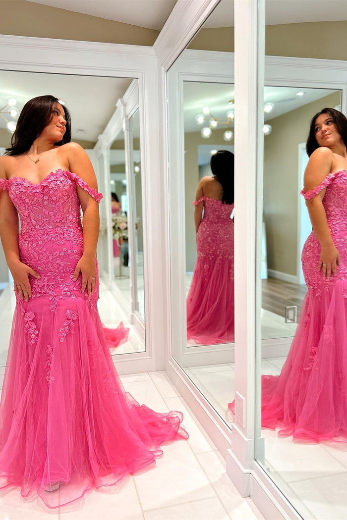 Pink Off-Shoulder Floral Appliques Mermaid Long Prom Dress