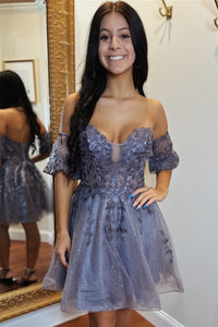 Purple Grey Off-the-Shoulder Appliques A-line Lace-Up Homecoming Dress