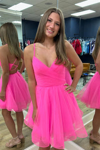 Hot Pink Lace-Up Deep V Neck A-line Tulle Homecoming Dress