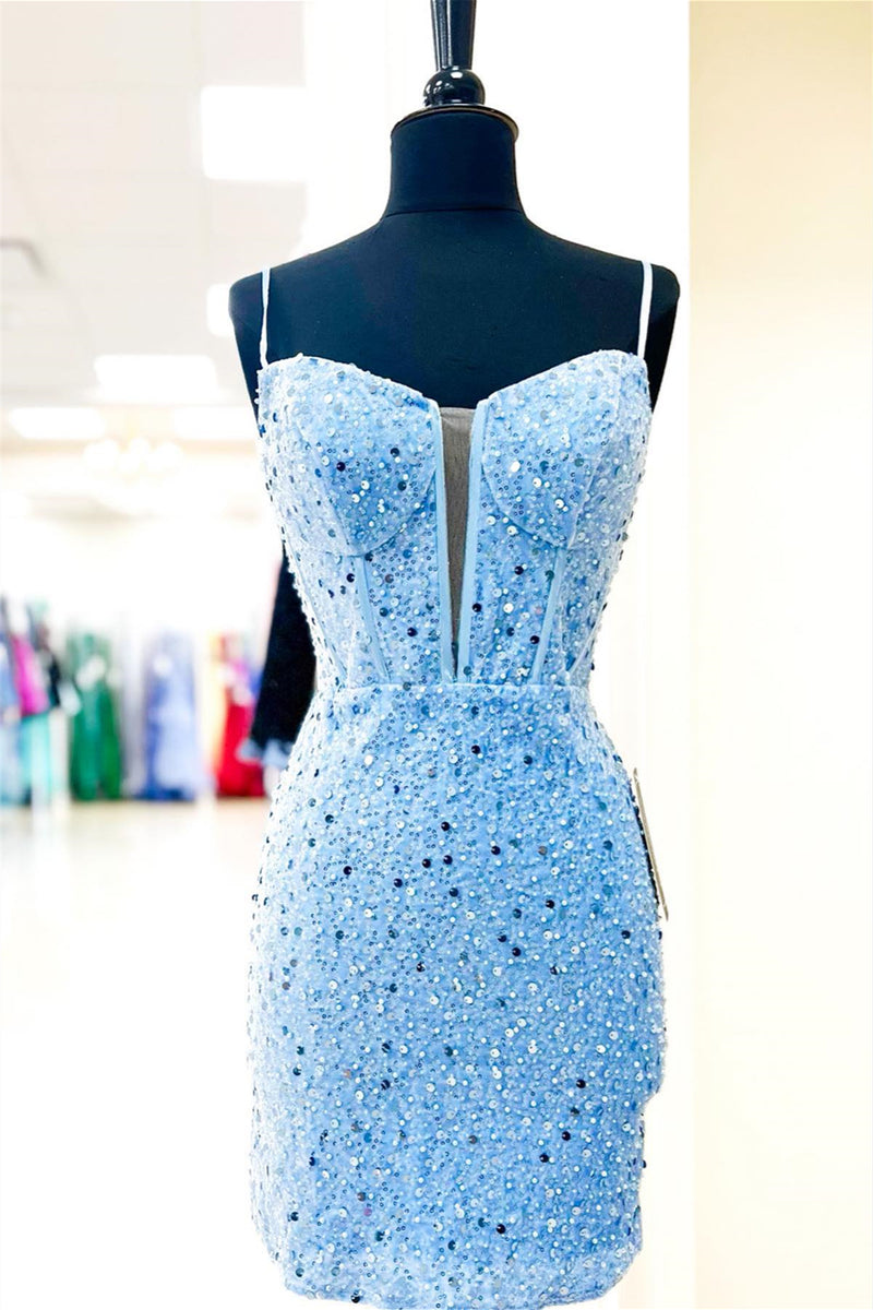 Light Blue Straps Sheath Beaded Sequined Homecoming Dress