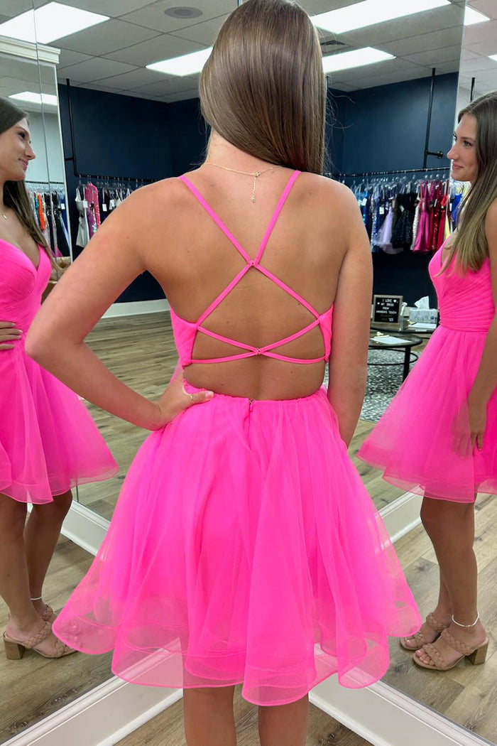 Hot Pink Lace-Up Deep V Neck A-line Tulle Homecoming Dress