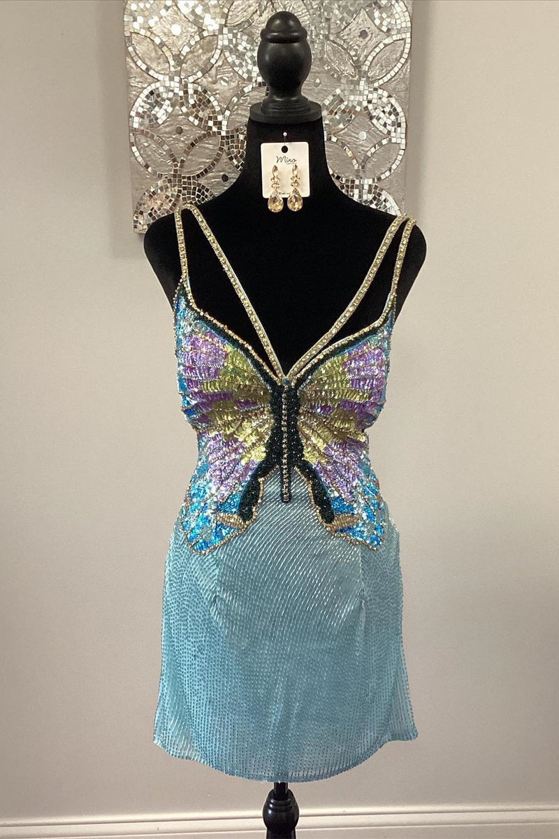 Light Blue Butterfly Tulle Beaded Straps Homecoming Dress