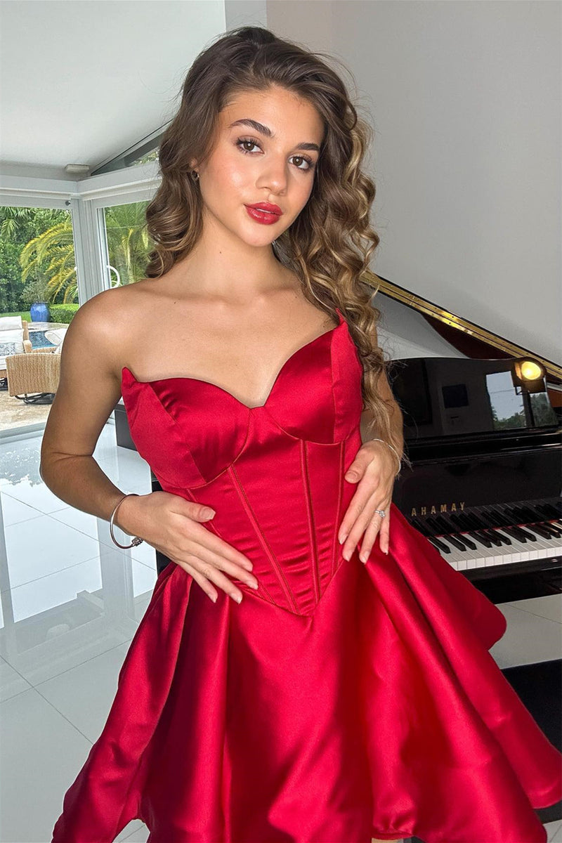 Red Strapless Satin A-line Homecoming Dress