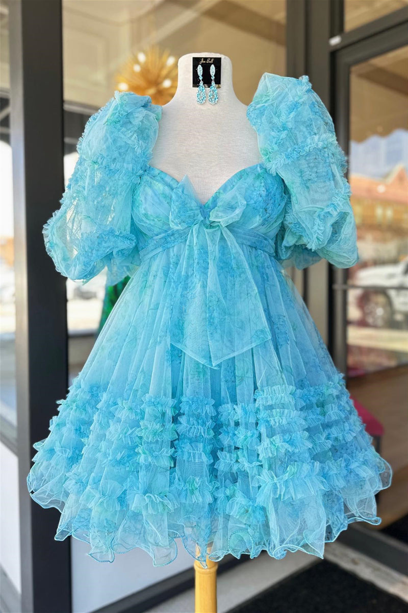 Blue Puff Sleeves Ruffles Homecoming Dress with Bow