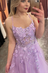 Lilac Appliques Straps A-line Long Prom Dress