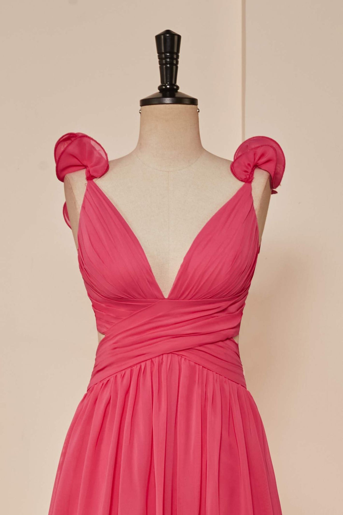 Rose Pink Ruffle Shoulder Plunging V Neck A-line Lace-Up Long Prom Dress