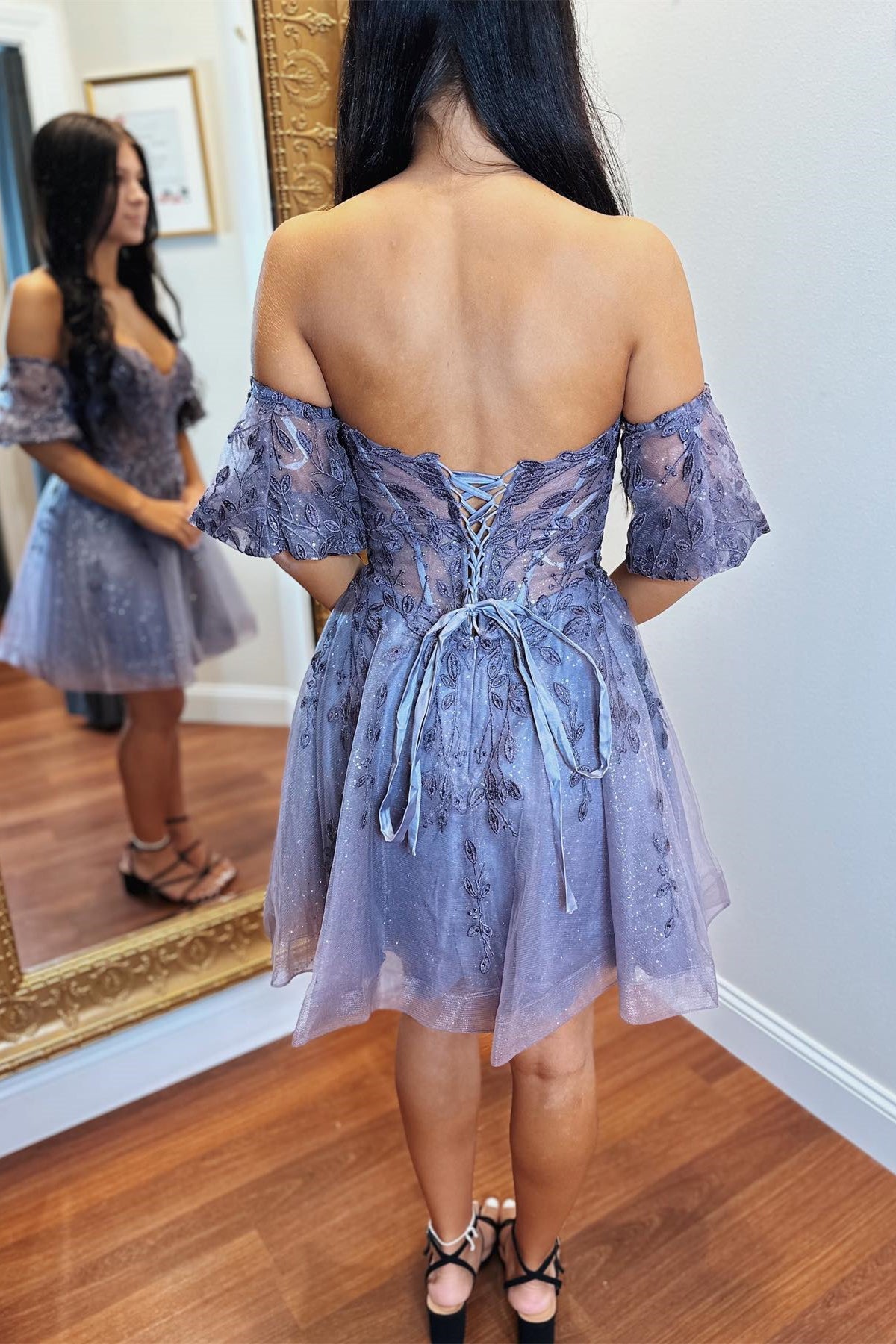 Purple Grey Off-the-Shoulder Appliques A-line Lace-Up Homecoming Dress