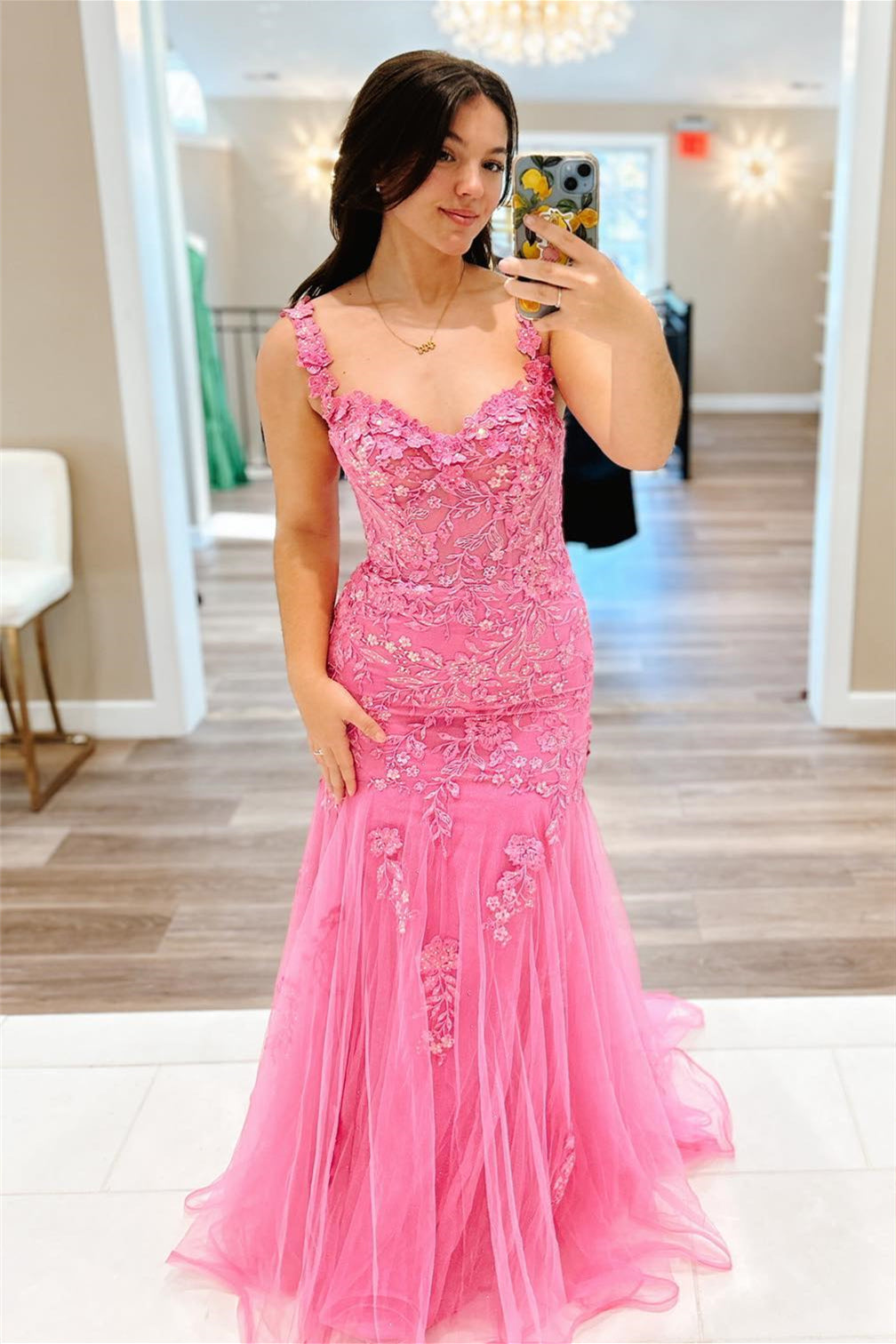 Pink Off-Shoulder Floral Appliques Mermaid Long Prom Dress