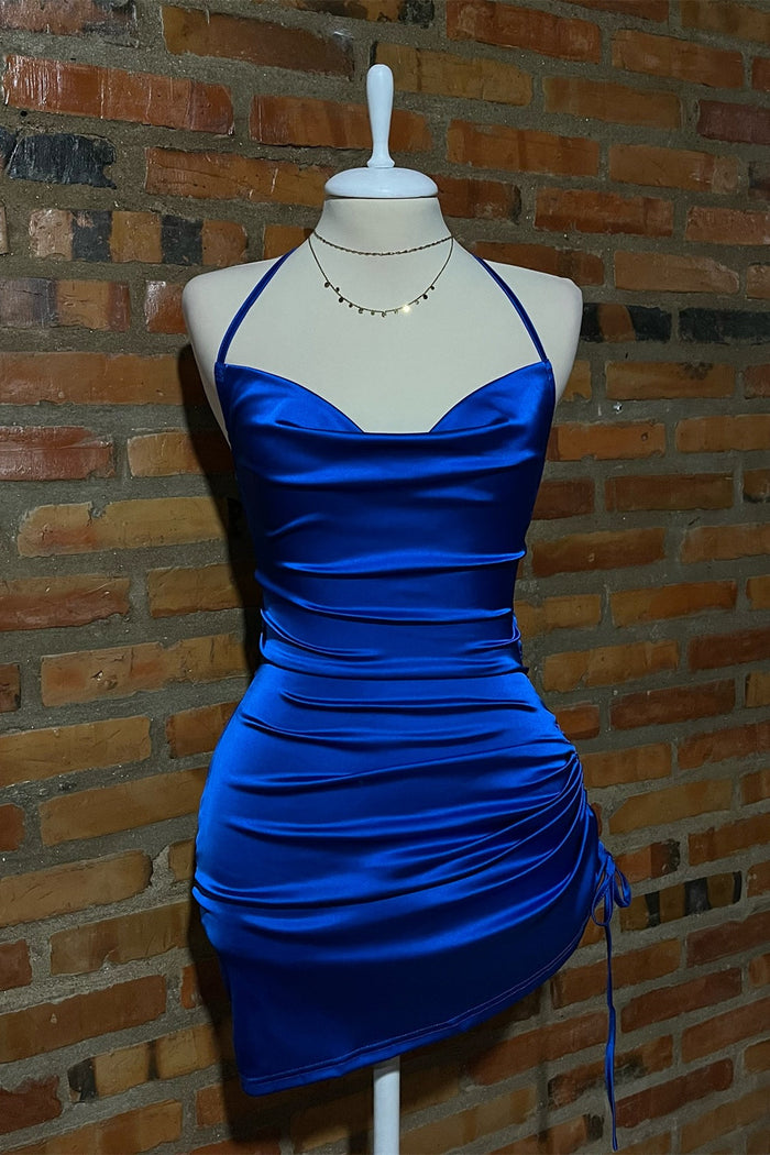 Royal Blue  Halter Ruched Lace-up Back Dress