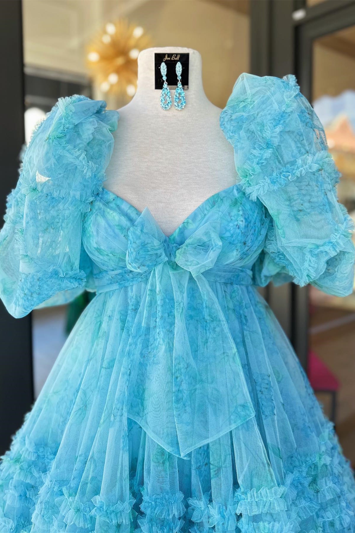 Blue Puff Sleeves Ruffles Homecoming Dress with Bow