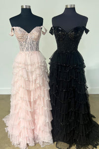 Light Pink & Black Floral Layers Sequined Long Prom Dress