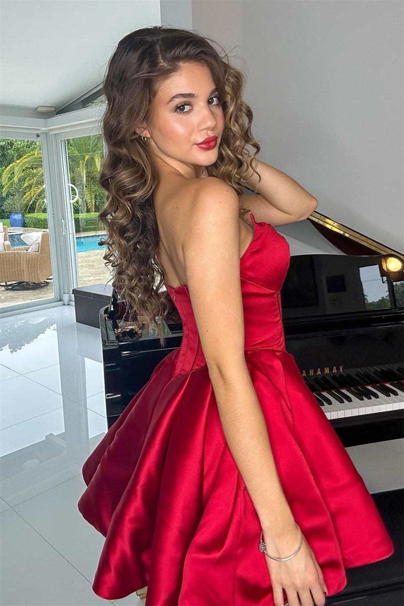 Red Strapless Satin A-line Homecoming Dress
