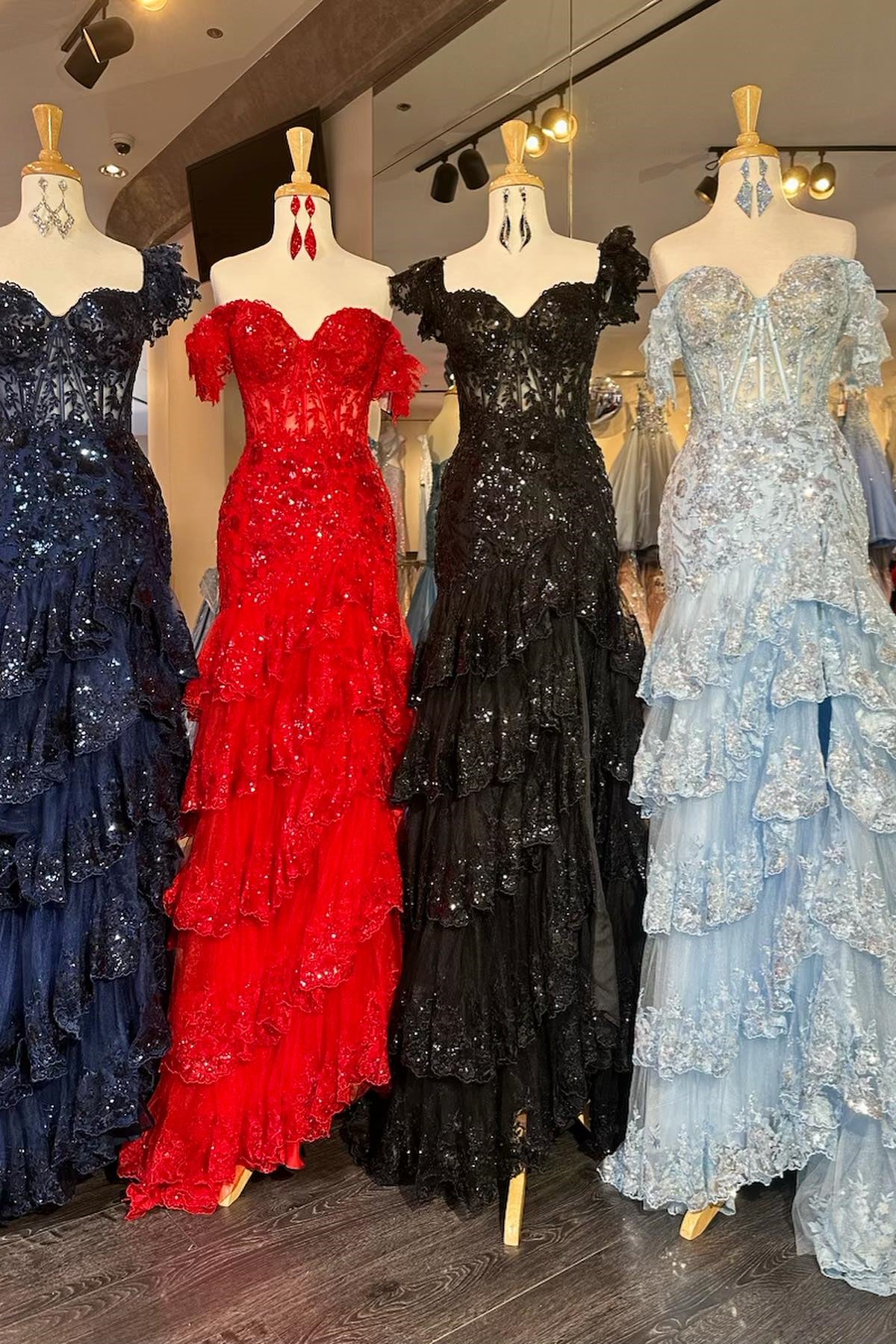 Dark Navy & Red & Black & Light Blue Off-the-Shoulder Sequined Appliques Multi-Layers Long Prom Dress with Slit