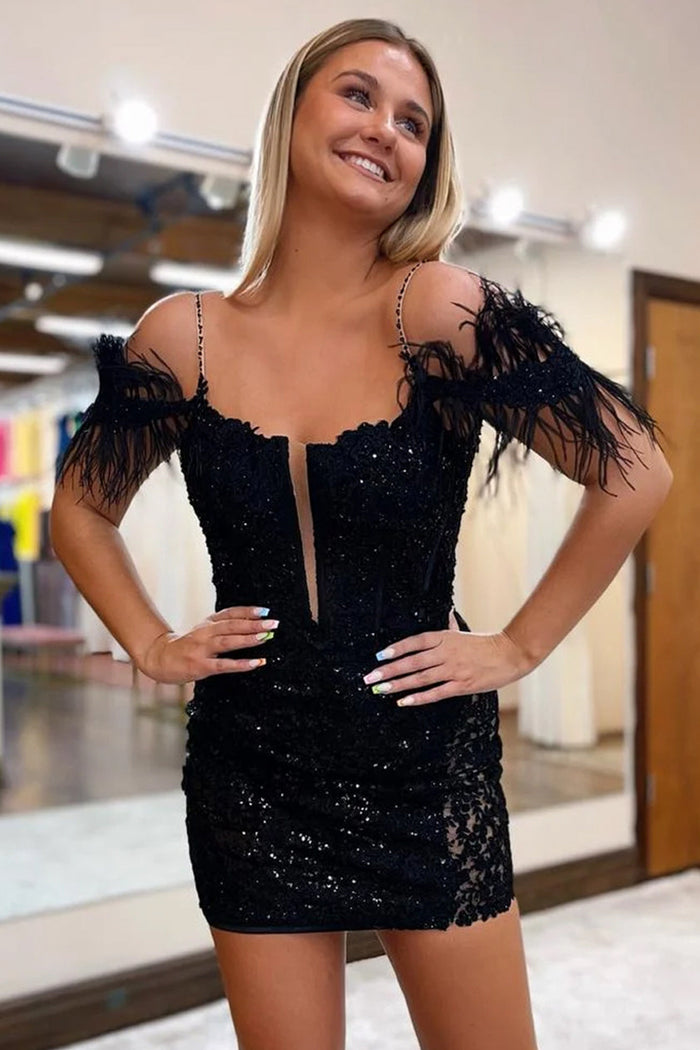Black Sequins Off-the-Shoulder Feathers Lace-Up Homecoming Dress