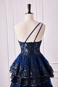 Dark Navy One Shoulder Floral Layers A-line Long Prom Dress with Slit