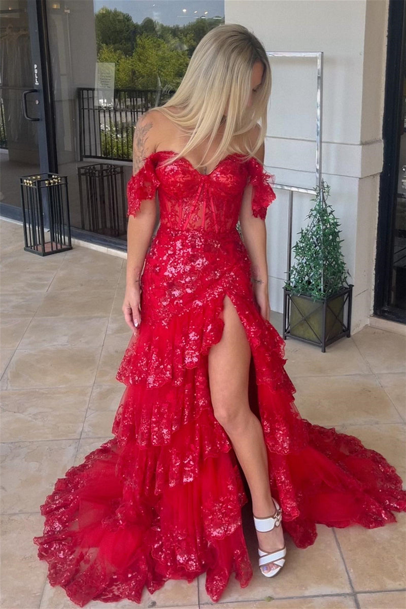 Red Off-the-Shoulder Sequined Appliques Multi-Layers Long Prom Dress with Slit