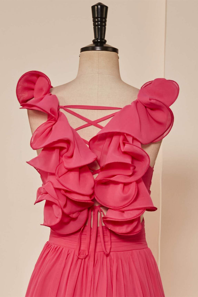 Rose Pink Ruffle Shoulder Plunging V Neck A-line Lace-Up Long Prom Dress