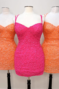 Hot Pink & Orange Sequins Double Straps Sheath Homecoming Dress