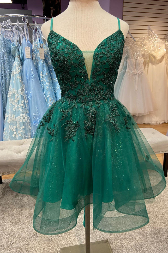 Hunter Green Plunging V Neck Straps Appliques Tulle Homecoming Dress