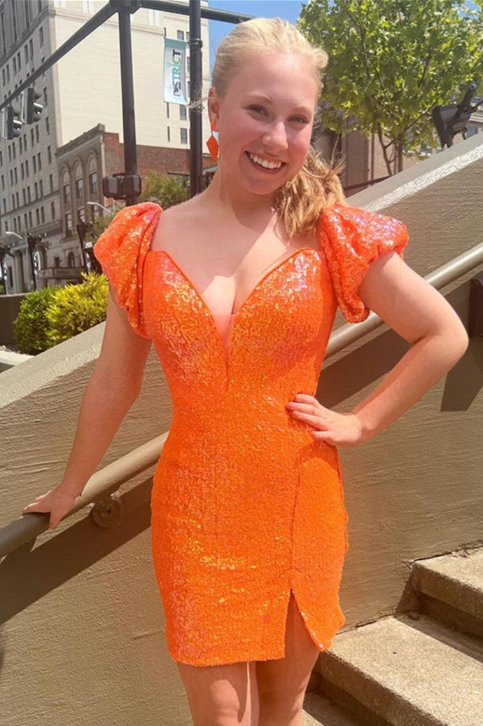 Orange Sequins V Neck Sheath Homecoming Dress