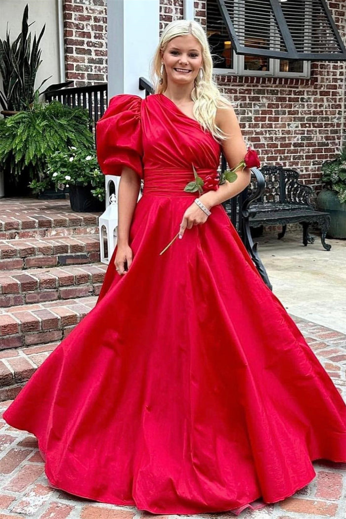 Red One Shoulder Puff Sleeve A-line Satin Long Prom Dress