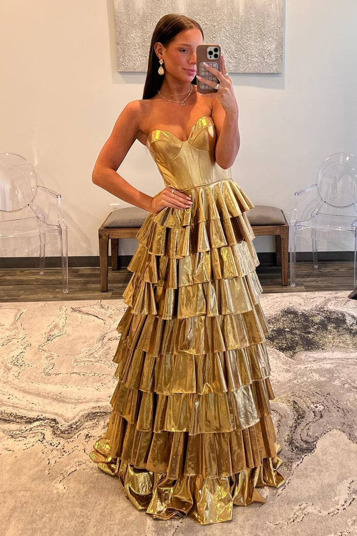 Sweetheart Gold A-line Tiered Ruffle Long Formal Dress