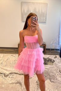 Strapless Pink A-line Tiered Ruffle Short Princess Dress