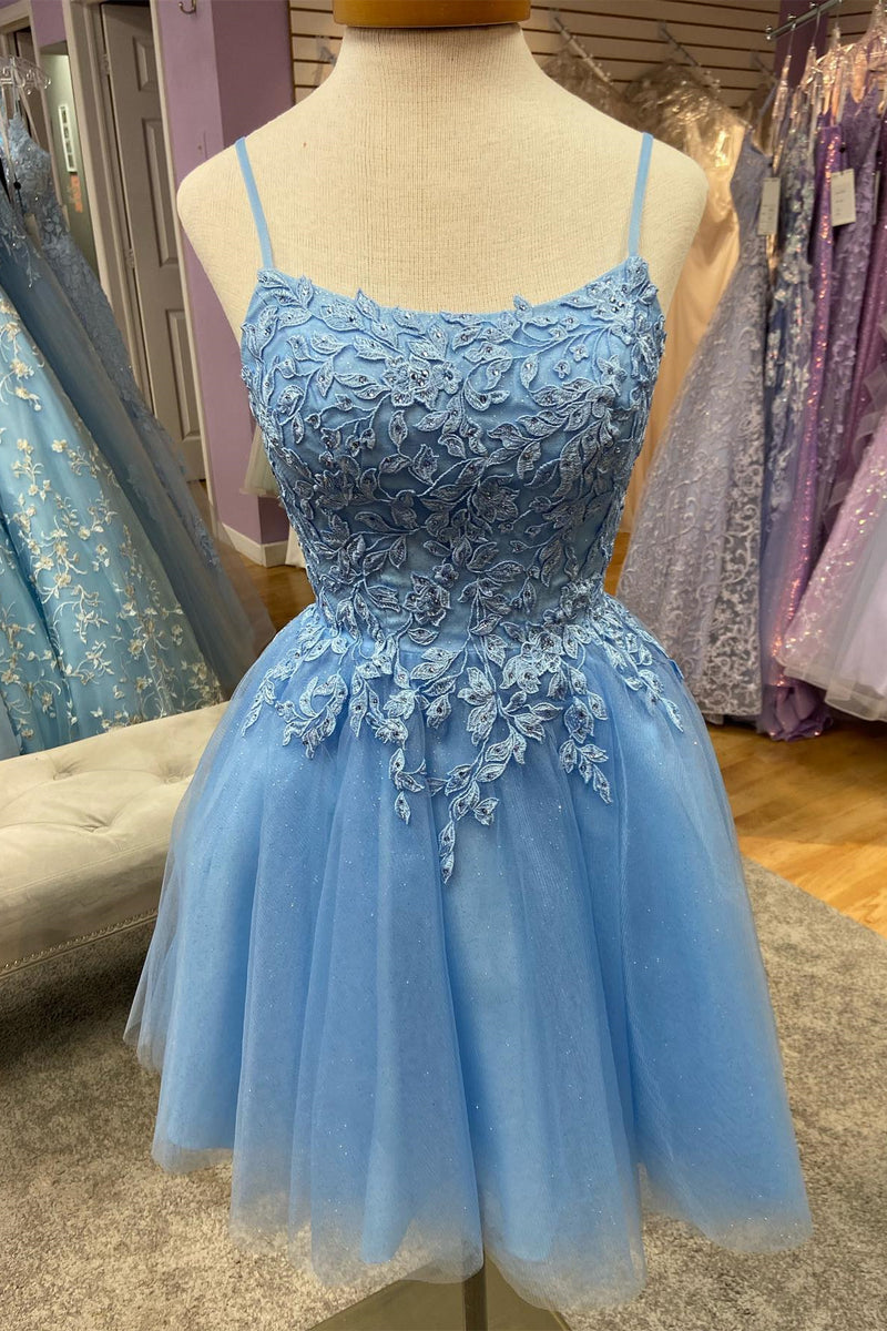Light Blue Appliques Straps Tulle Homecoming Dress