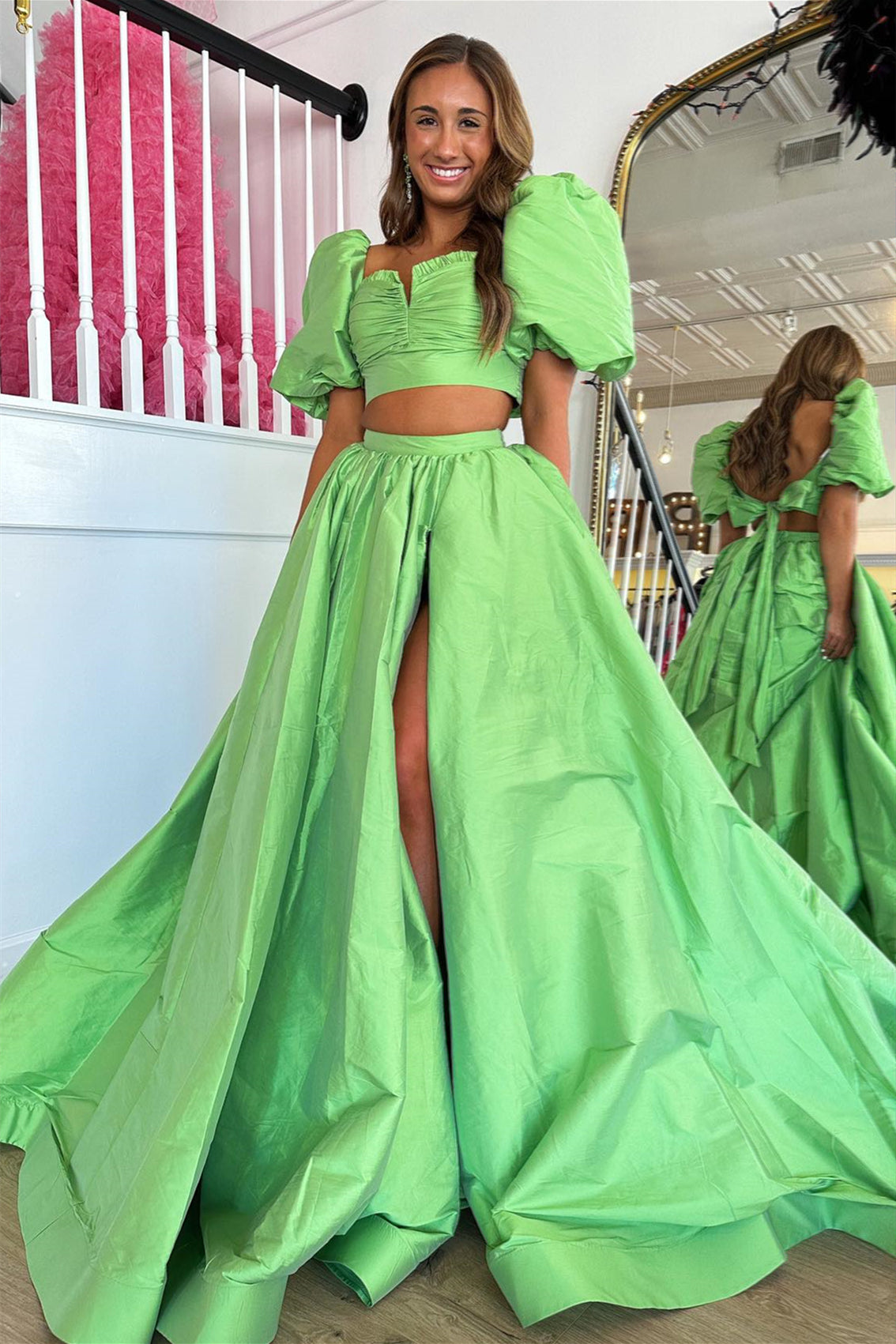 Green Puff Sleeves Bow Tie Back Two-Piece Aline Long Prom Dress with Slit
