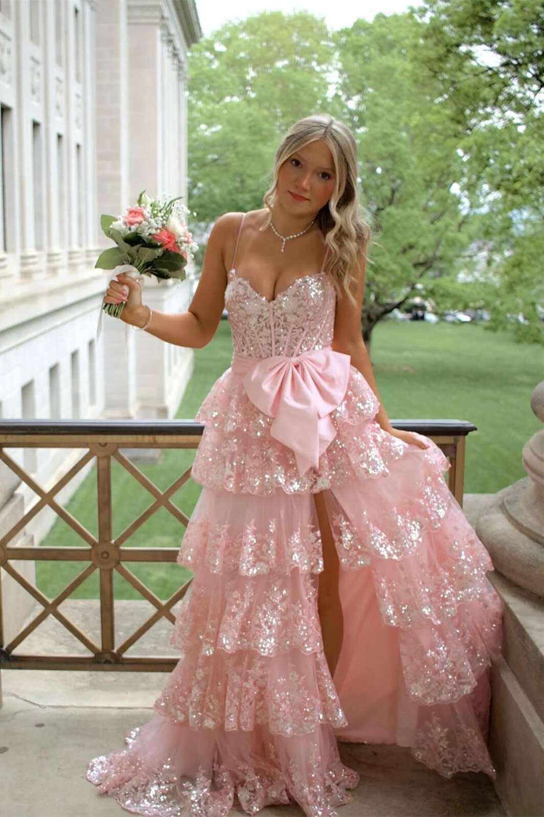 Straps Pink Sequin Appliques Ruffle A-line Formal Dress