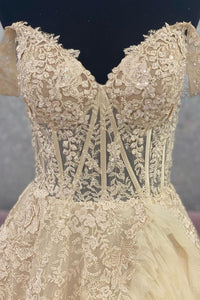 Beige Off-Shoulder Floral Layers Long Prom Dress