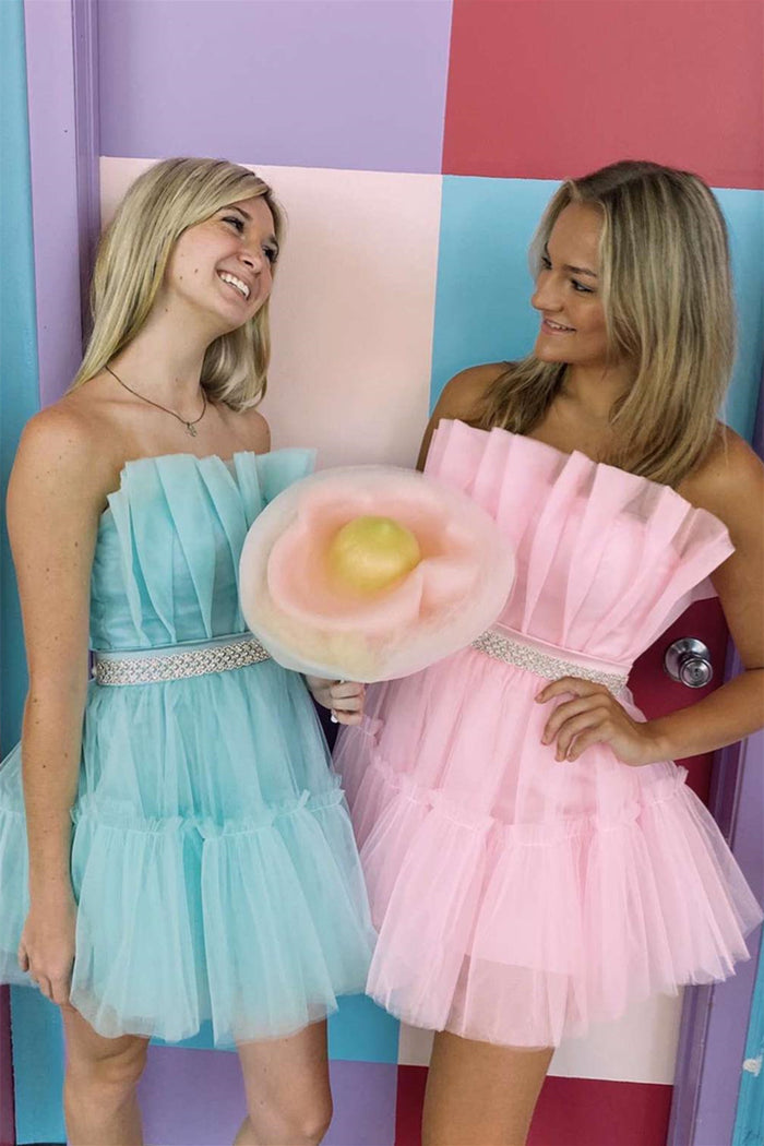 Blue & Pink Strapless Pleated Beaded A-line Tulle Homecoming Dress