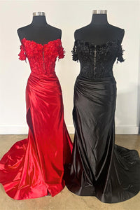 Red & Black Off-Shoulder Floral Mermaid Long Prom Dress with Slit