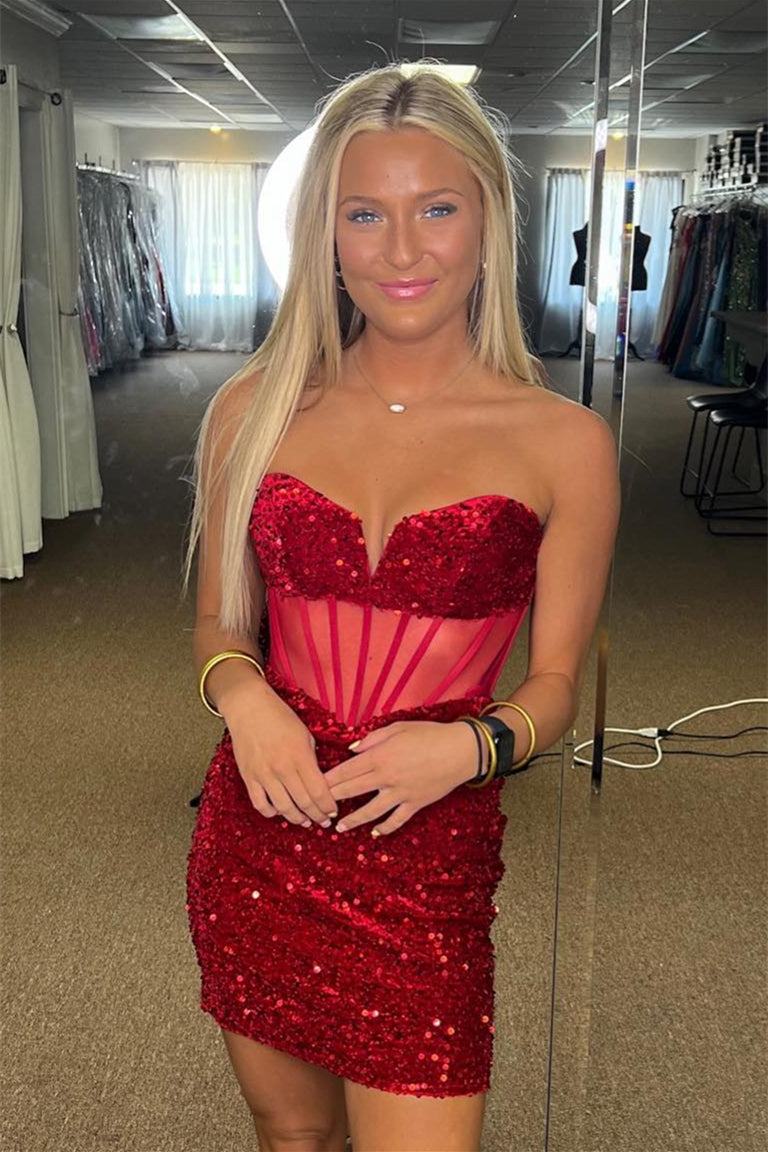 Red Strapless Sequins Sheath Homecoming Dress
