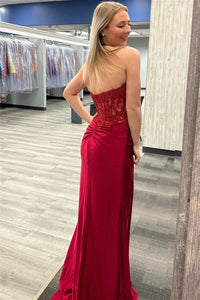Wine Red Strapless Mermaid Appliques Long Prom Dress with Slit