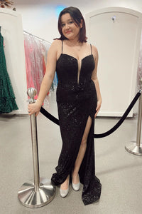 Black Lace-Up Sequins Mermaid Deep V Neck Long Prom Dress with Slit