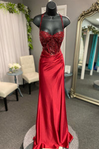 Red Straps Appliques Mermaid Satin Long Prom Dress with Slit