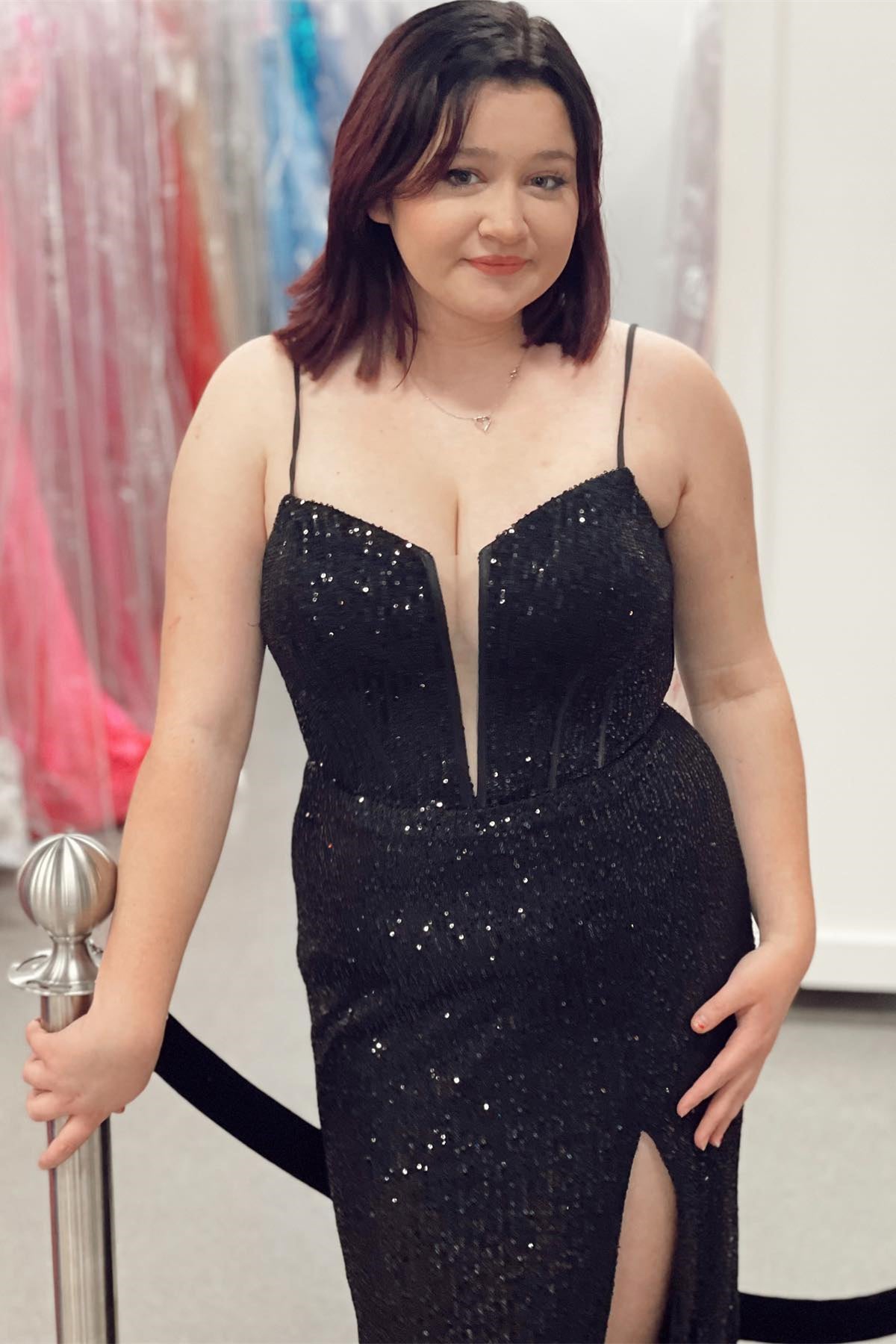 Black prom dress with mesh cleavage cover